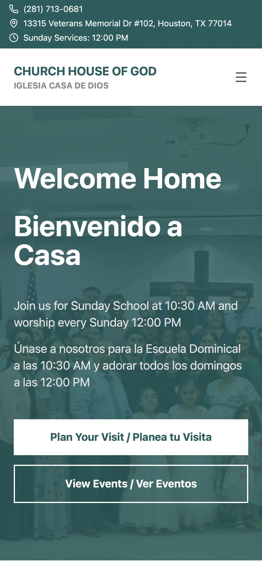 The same site on a phone: Homepage of the Iglesia Pentecostal Casa de Dios church website, a custom Next.js site designed and built by Enoch Studio