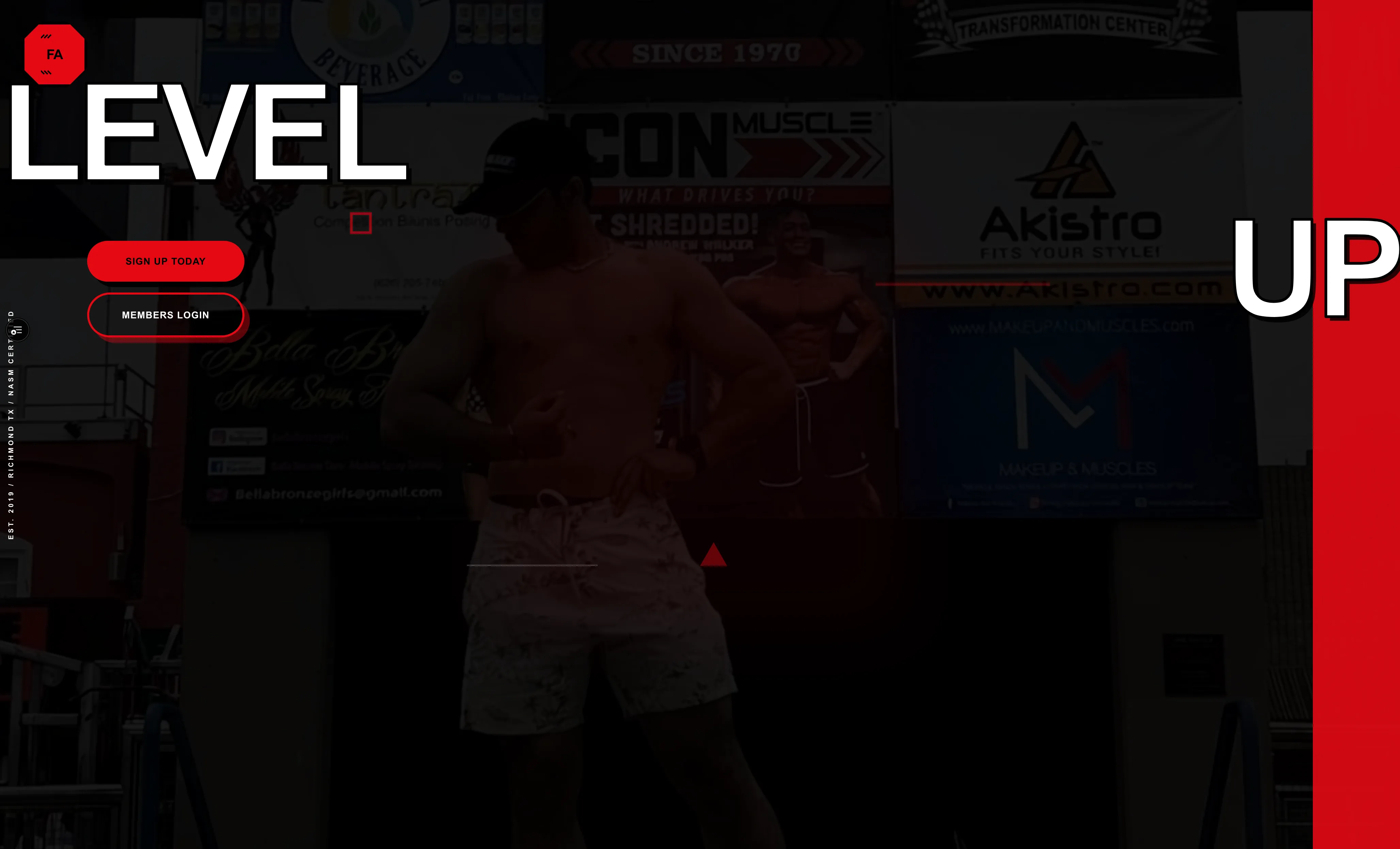 Homepage of fitness-af.com, a one-page site built by Enoch Studio for personal trainer Ahmad Fannon, with the Level Up headline above sign-up and member login buttons