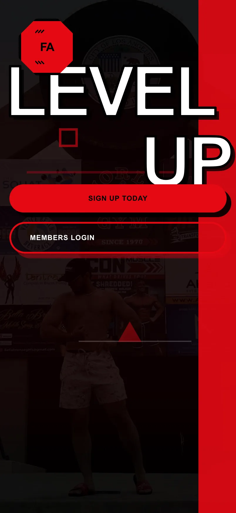 The same site on a phone: Homepage of fitness-af.com, a one-page site built by Enoch Studio for personal trainer Ahmad Fannon, with the Level Up headline above sign-up and member login buttons
